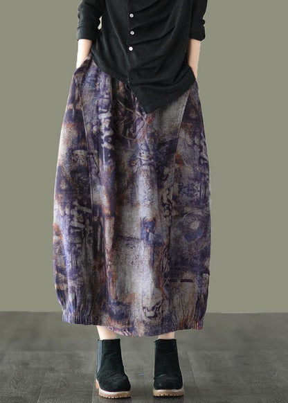 Grey Purple Retro Print a Line Pockets Fall Skirts