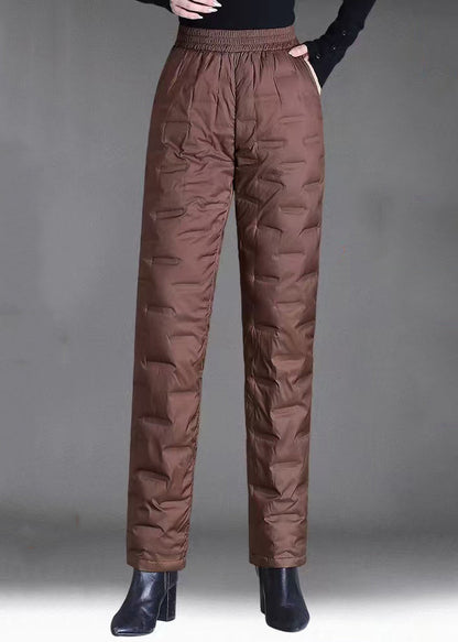 Brown Pockets Elastic Waist Duck Down Filled Pants Winter