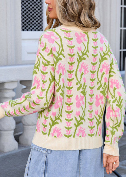Apricot O Neck Jacquard Thick Knit Sweaters Winter