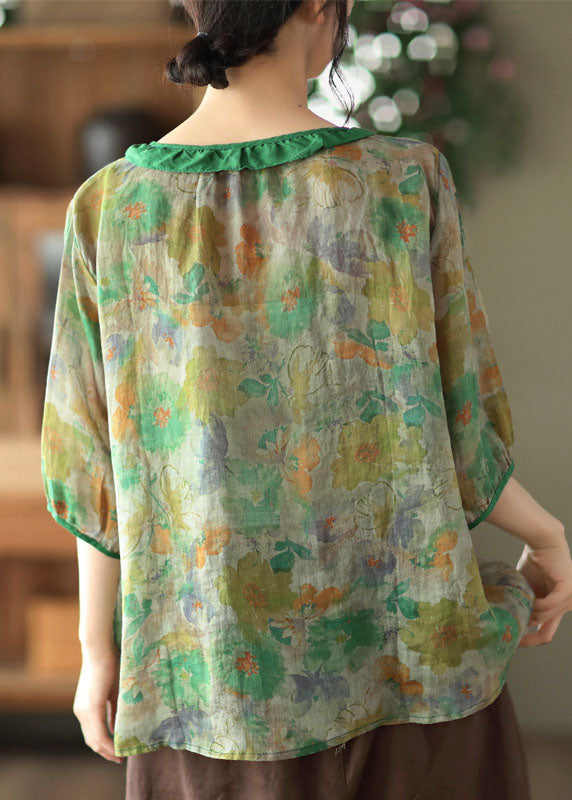 Simple Reddish Black O Neck Patchwork Print Linen Shirt Tops Half Sleeve
