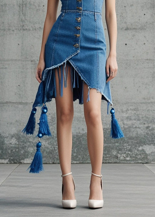 Blue Tasseled Asymmetrical Design Denim Day Strapless Dress Summer