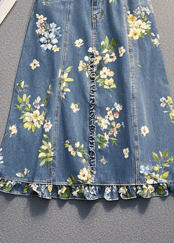 Blue Ruffled Print Denim Skirt Fall