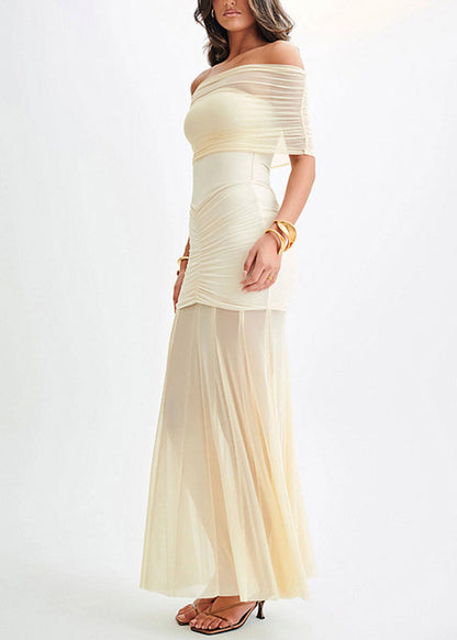 French White Wrinkled Patchwork Tulle Strapless Long Dresses Summer