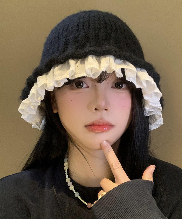 Black Lace Patchwork Knit Bucket Hat