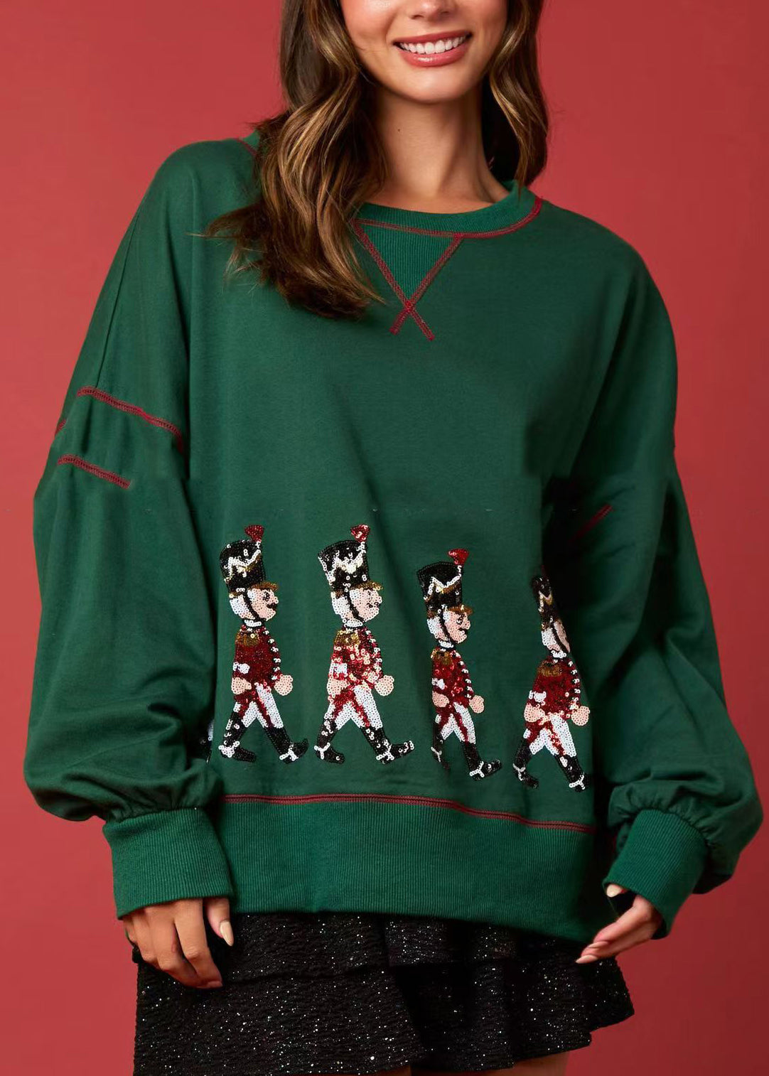 Green O Neck Sequins Cotton Loose Sweatshirt Winter
