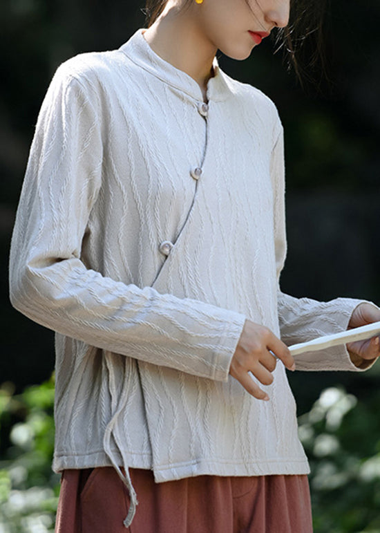 Unique Beige Stand Collar Lace Up Cotton Top Spring