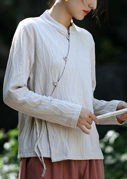 Unique Beige Stand Collar Lace Up Cotton Top Spring