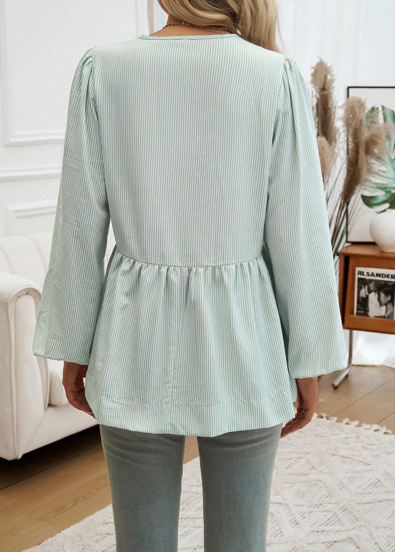 Light Green Striped Lace Up Patchwork Cotton Shirt Fall
