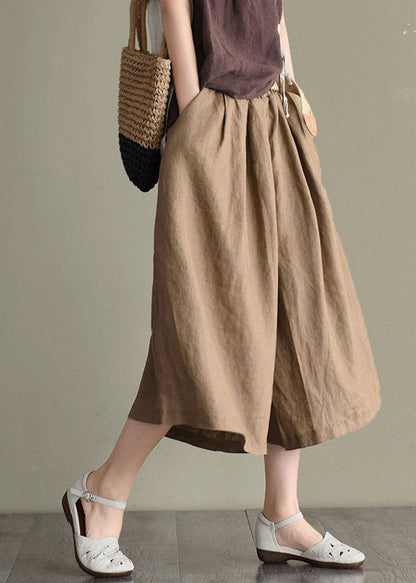 Khaki Elastic Waist Oversized Pockets Linen Wide Leg Crop Pants Summer