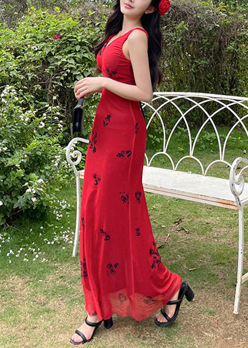 New Red V Neck Print Tulle Maxi Dresses Sleeveless