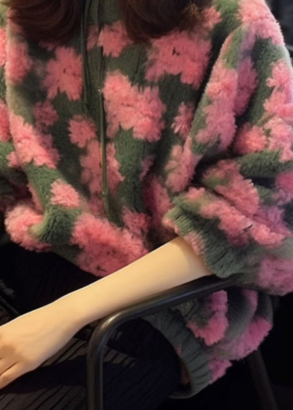 Pink O Neck Jacquard Faux Fur Knit Sweaters Fall
