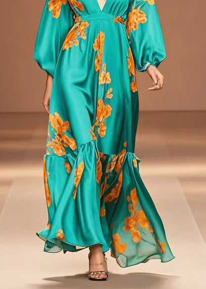 Peacock Green V Neck Print Silk Dresses Fall