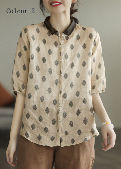 Colour 1 Peter Pan Collar Print Button Linen Shirt Half Sleeve