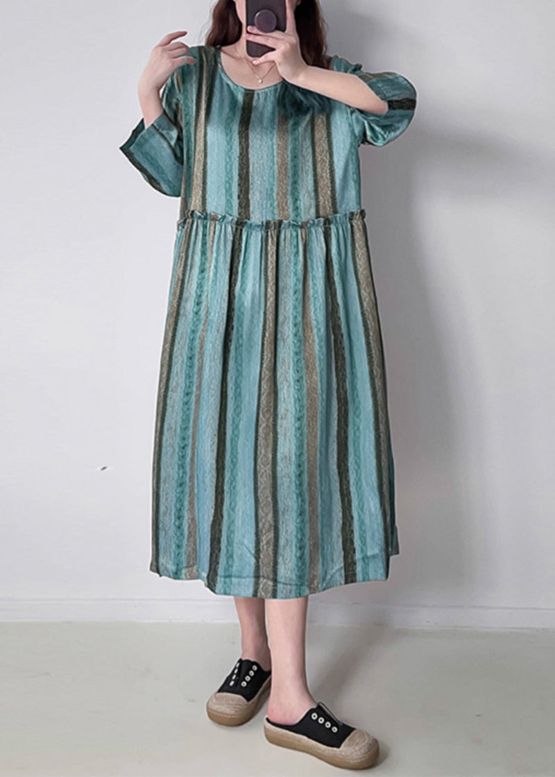 Green O-neck Ruffled Wrinkled Silk Cotto Maxi Dress Spring