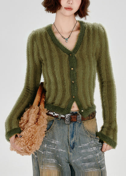 Green V Neck Striped Fuzzy Fur Fluffy Knit Cardigans Winter