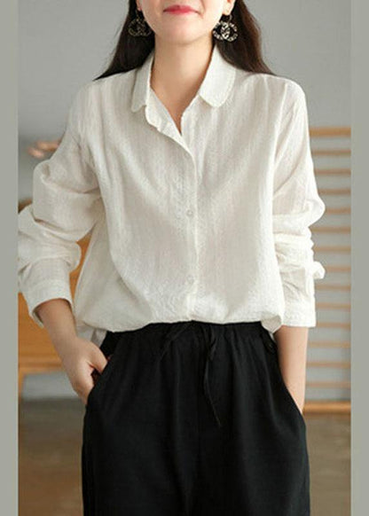 Organic White Peter Pan Collar Button Fall Top Long Sleeve