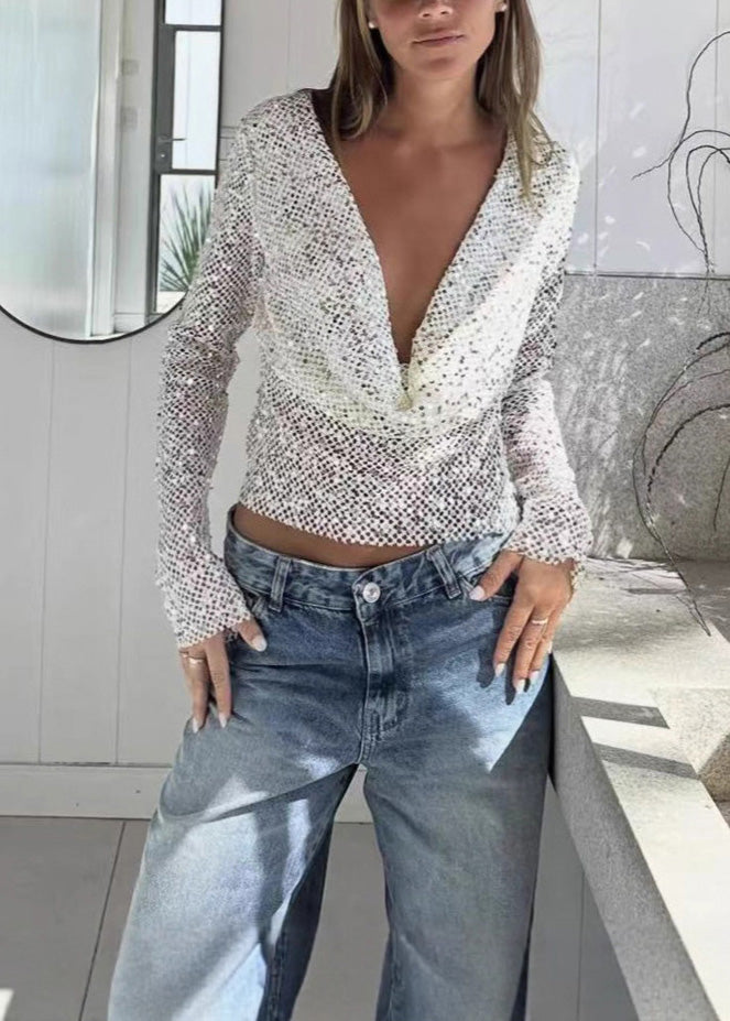Khaki Pearl Fishing Net Two Ways to Wear Long Sleeved Top