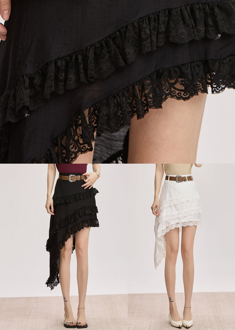 Slim Fit Black Asymmetrical Lace Patchwork Cotton Skirt Summer