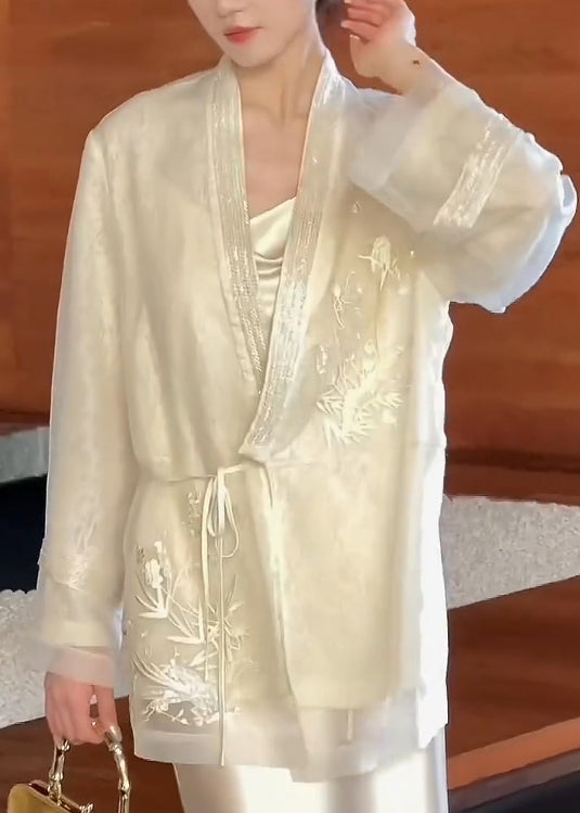 Beige V Neck Embroidered Lace Up Silk Cardigan Spring
