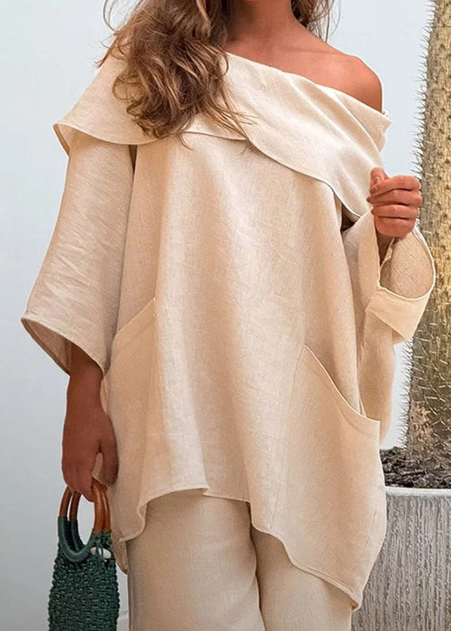 Stylish White Slash Neck Pockets Cotton Top Batwing Sleeve