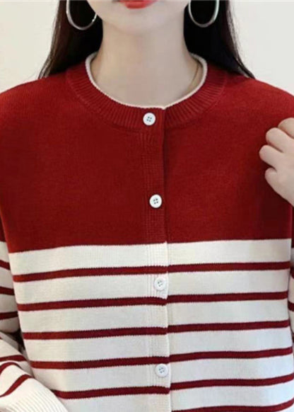 Red Striped Button Knit Cardigan Fall