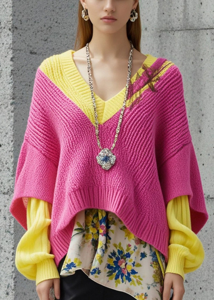 Pink Asymmetrical Patchwork Print Short Sweater Fall