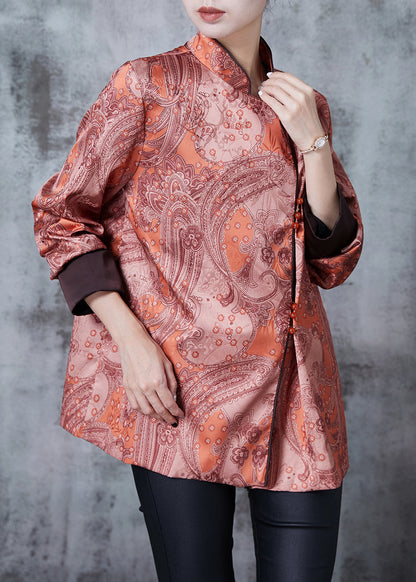Brick Red Mandarin Collar Print Silk Shirt Spring
