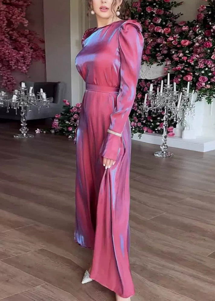 Purple O Neck Silk Maxi Dress Fall
