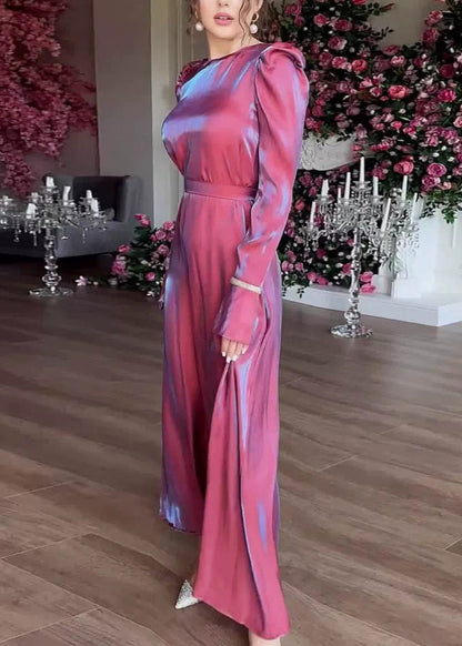 Purple O Neck Silk Maxi Dress Fall