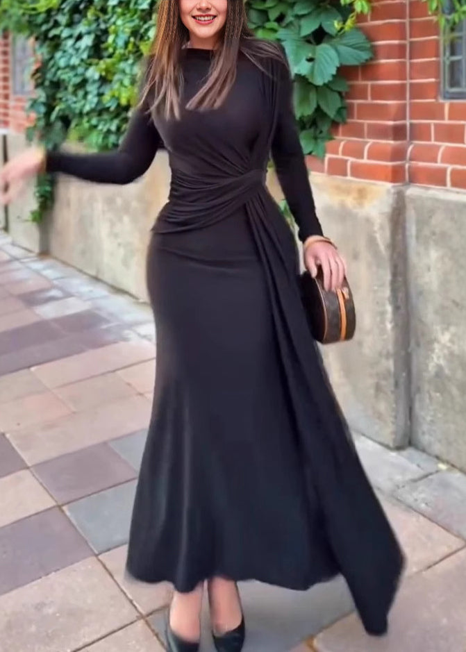 Black O Neck Slim Fit Cotton Maxi Dresses Fall