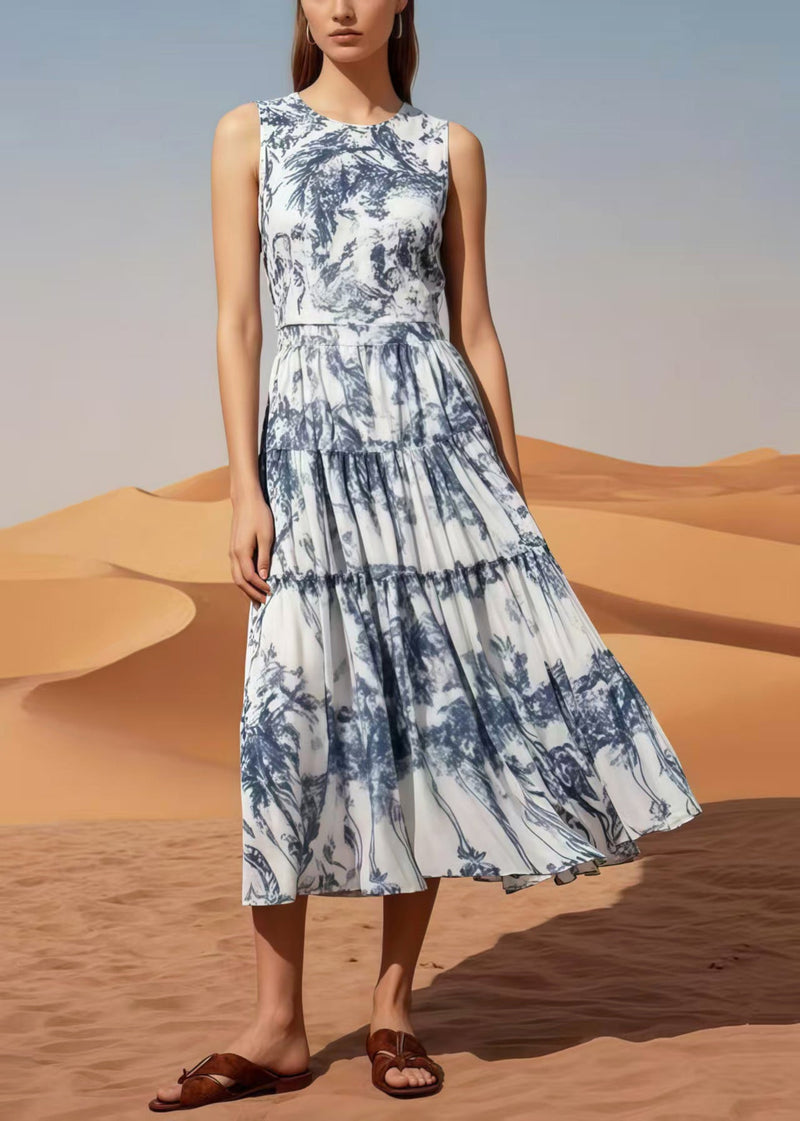 Exra Large Hem Print Chiffon Long Dress Sleeveless