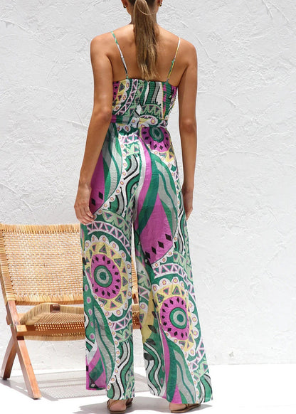 Stylish Green Print Chiffon Spaghetti Strap Jumpsuits Summer