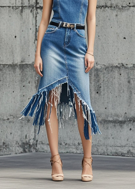 Blue Asymmetrical Tasseled Denim Skirts Summer