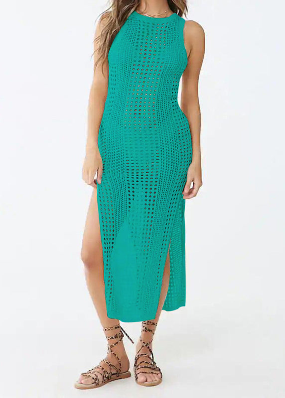 New Apricot O Neck Hollow Out Side Open Knit Dress Sleeveless