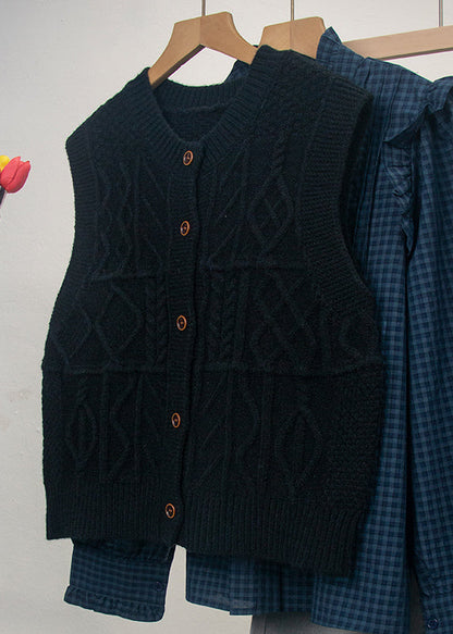 Grey O Neck Button Knit Vest Tops Sleeveless