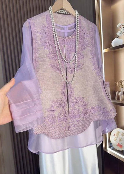Chinese Style Purple Embroidered Waistcoat and Tops Two-piece Set Fall