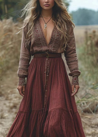 Colorblock V Neck Print Patchwork Cotton Long Dress Fall