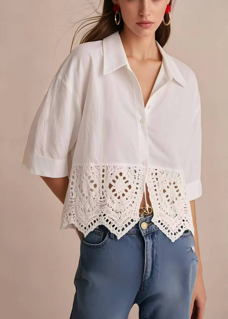 Style White Peter Pan Collar Patchwork Lace Tops Half Sleeve