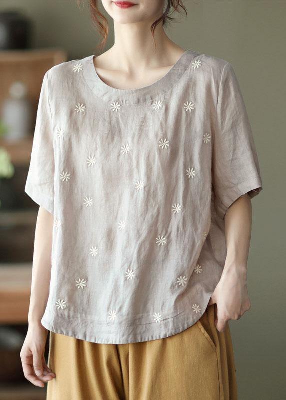 Unique White O-neck Embroidered Summer Ramie Shirt Half Sleeve