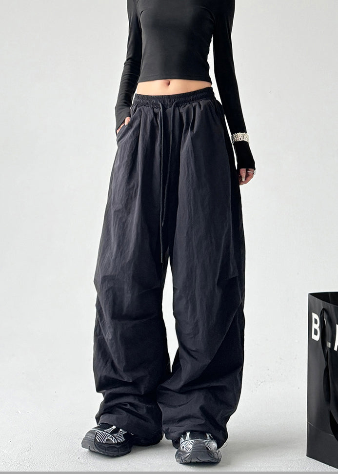Black Oversized Elastic Waist Cotton Pants Spring