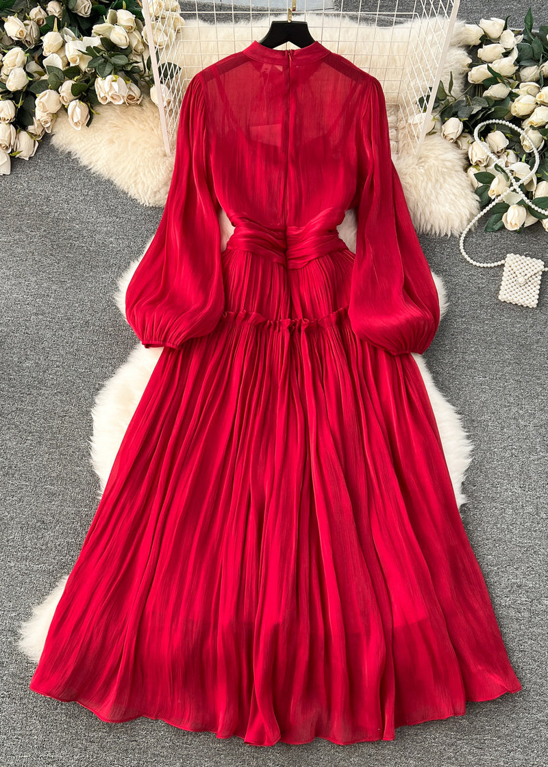 Art Red Wrinkled Patchwork Silk Cotton Dress Long Sleeve