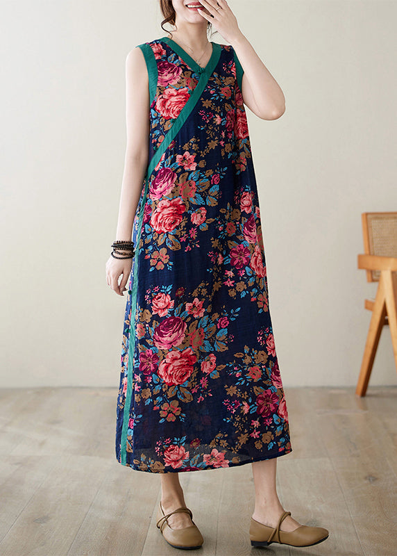 Style Navy Print Side Open Linen Dresses Sleeveless
