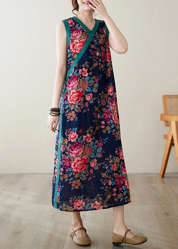 Style Navy Print Side Open Linen Dresses Sleeveless