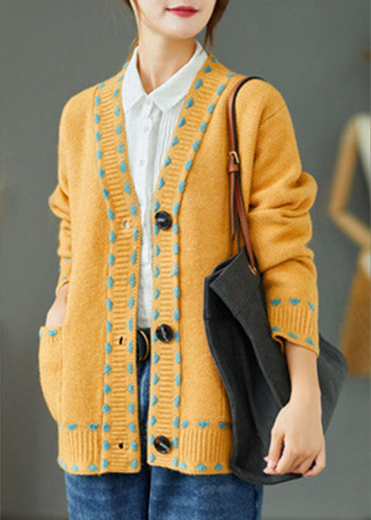 Yellow Loose Button Pockets Fall Knit Sweater Coat