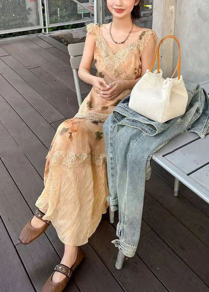 Orange V Neck Lace Patchwork Long Dresses Sleeveless