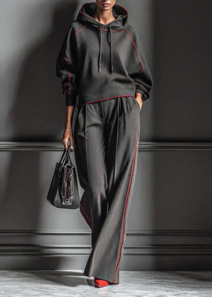 Dark Gray Hooded Striped Sweatshirts and Pants Cotton Two Pieces Set Spring