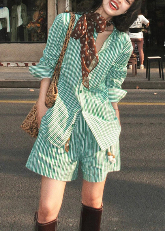 Green Peter Pan Collar Striped Shirts and Shorts Two Pieces Set Summer