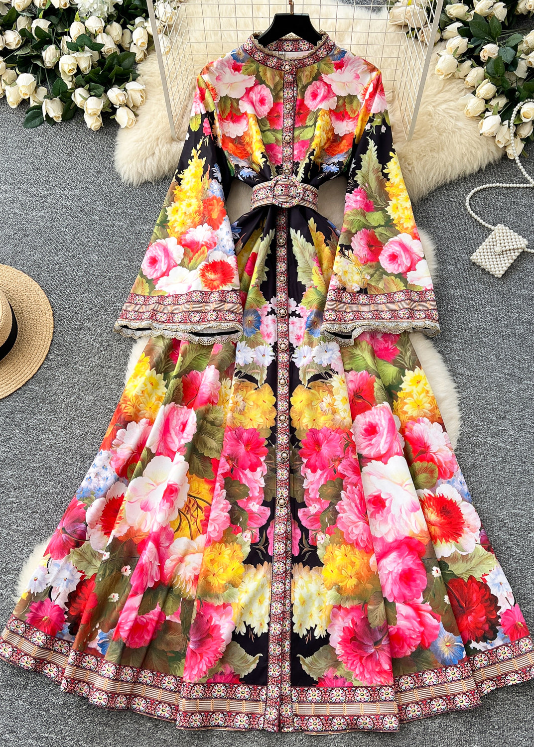 White Cinched Print Cotton Dresses Flare Sleeve