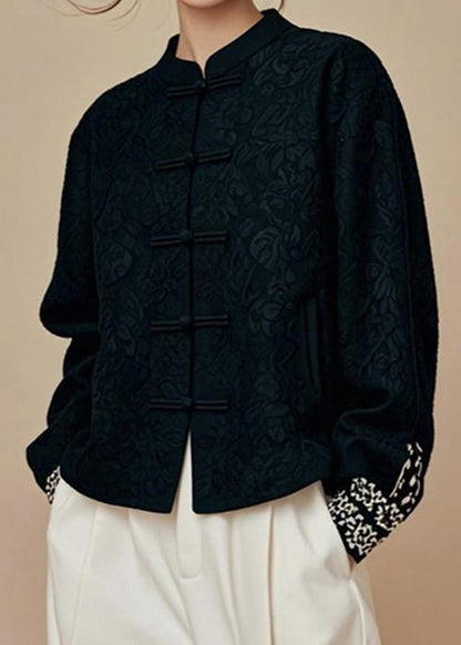 Jacquard Black Stand Collar Cotton Coats Fall