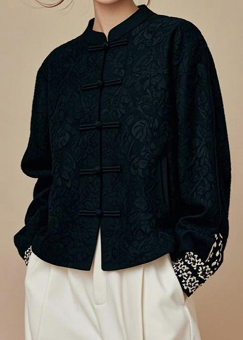 Jacquard Black Stand Collar Cotton Coats Fall